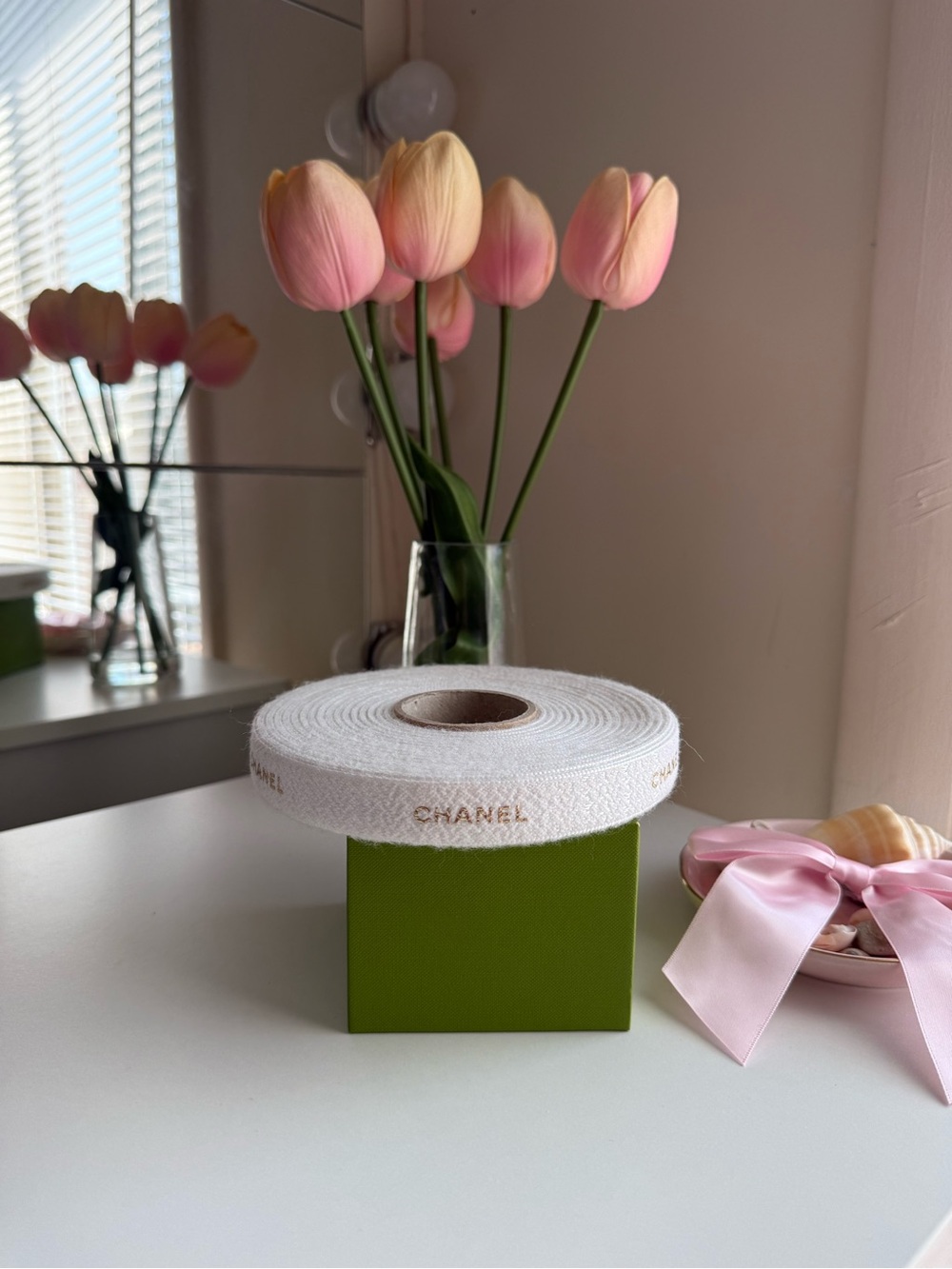 CHANEL White Grosgrain Ribbon with Gold Logo